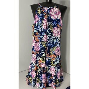 ROZ & ALI Tropical Dress Womens Med Front Key Hole Back Pearl Ties Sheer/Lined